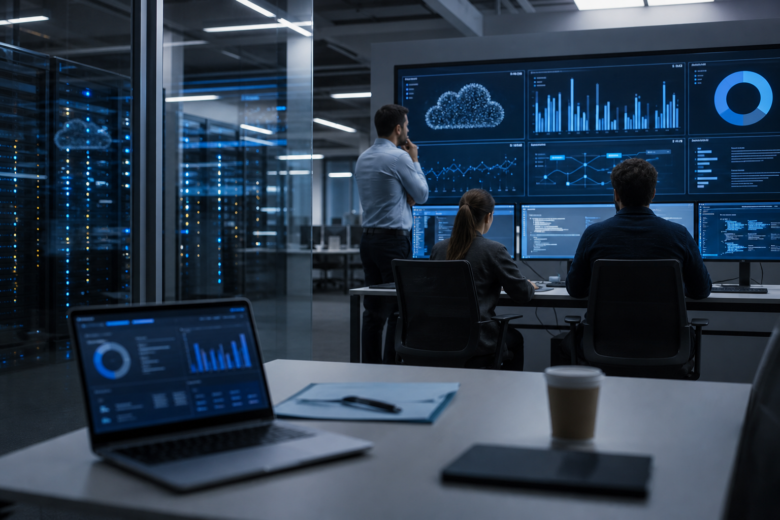 Enterprise IT operations room with cloud infrastructure dashboards