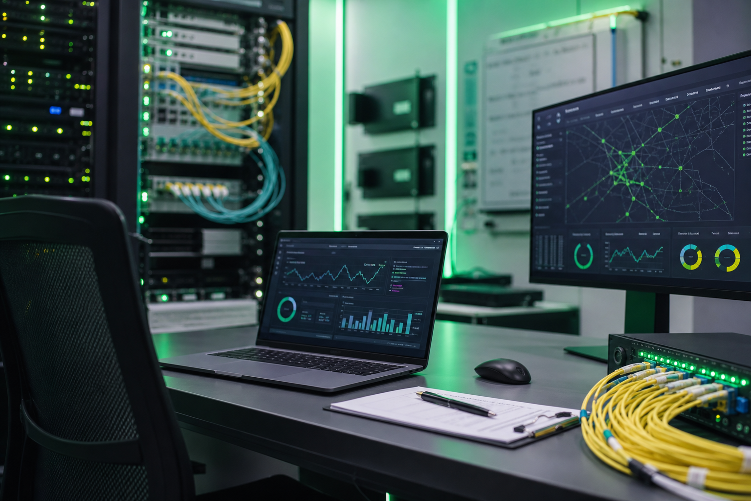 Network operations desk with telecom analytics dashboards