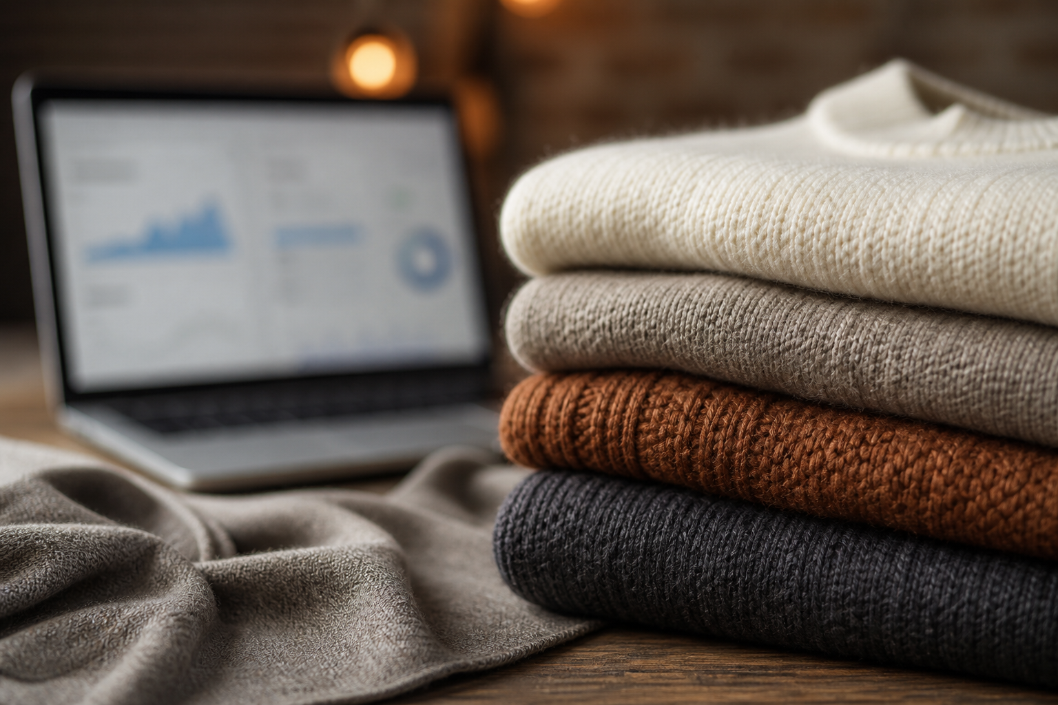 Folded premium knitwear with ecommerce analytics in the background