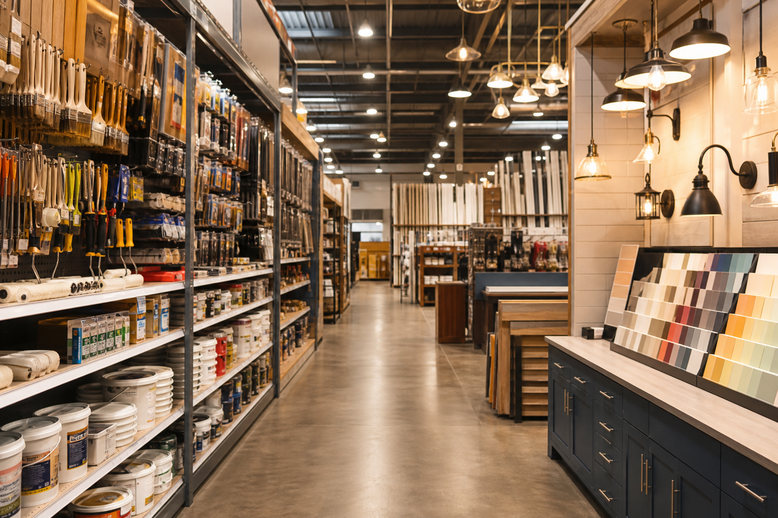 Home improvement retail aisle with tools and lighting displays