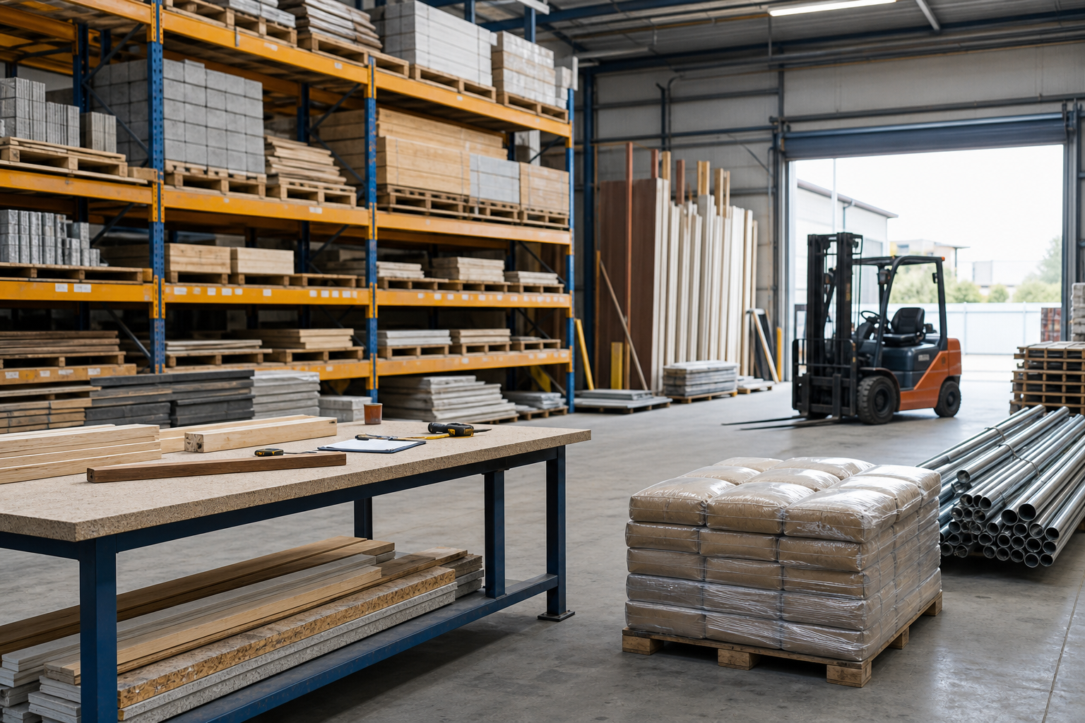 Trade warehouse with building materials and pallets